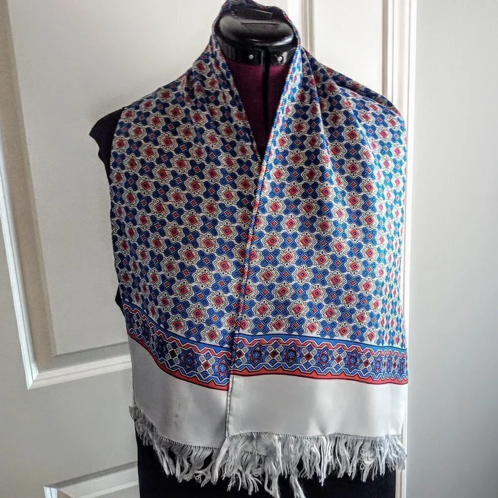 Pearl Hand-Printed Fringed Oblong 100% Silk Scarf